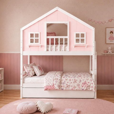 Treliche Casinha Dos Sonhos com Varanda Madeira Maciça Rosa/ Branco Megamobilia
