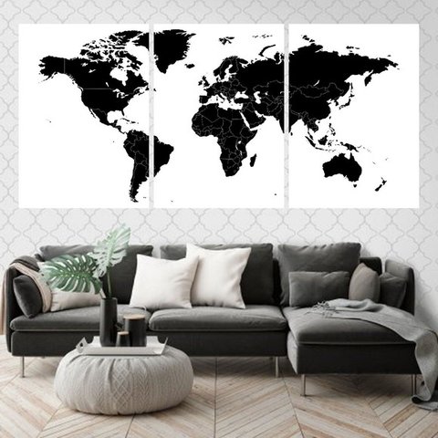 Kit 3 Quadros Mapa Mundi Preto 45x34cm - com vidro:Madeira preta