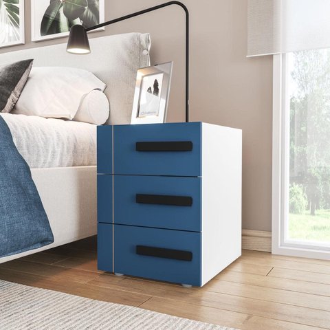 Mesa de Cabeceira Lisboa com 3 Gavetas 40x54cm Azul/Branco 250687