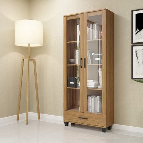Estante em Mdf para Livros C58 1 Gaveta 2 Portas Vidro Estilo Industrial Freijó Dalla Costa