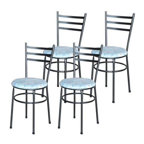 Conjunto 4 Cadeiras para Cozinha Epoxi Preta Craqueada Assento Floral Gelo