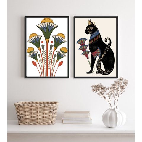Kit 2 Quadros Egípcios Gato Bastet e Flor de Lotus 45x34cm - com Vidro:madeira Branca
