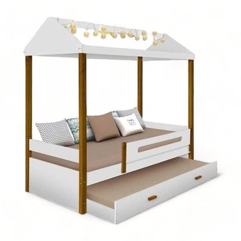 Cama Casa Sara Branca com Auxiliar e Led