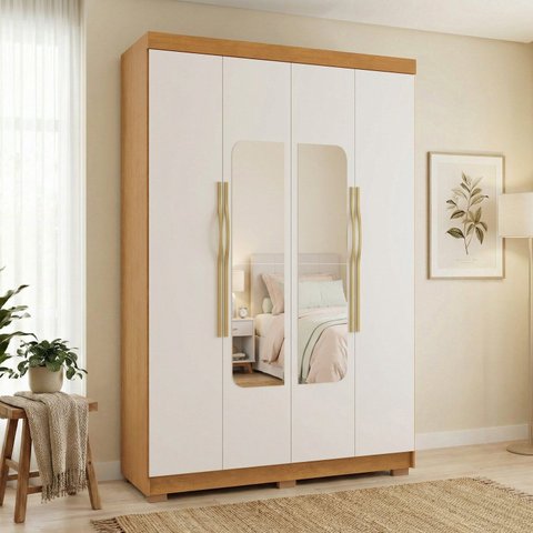 Guarda-Roupa Solteiro Siena com Espelho 4 Portas 3 Gavetas 100% MDF Off White/Cerejeira/Nevaska