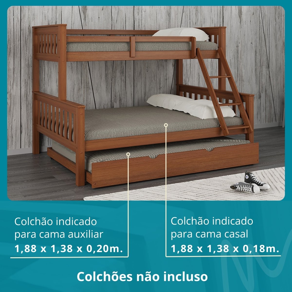 Beliche Casal Solteiro de Madeira Merk com Cama Auxiliar Casal - 3