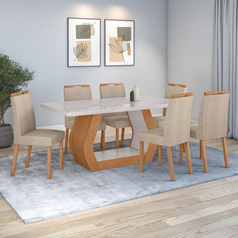 Conjunto Sala de Jantar Mesa Easy Tower 170x90cm MDF/Vidro com 6 Cad Aurea Linho Rinzai Bege Amendoa