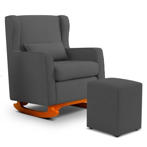 Poltrona de Amamentação e Descanso Zoe com Base Balanço e Puff Linho Cinza - Desk Design