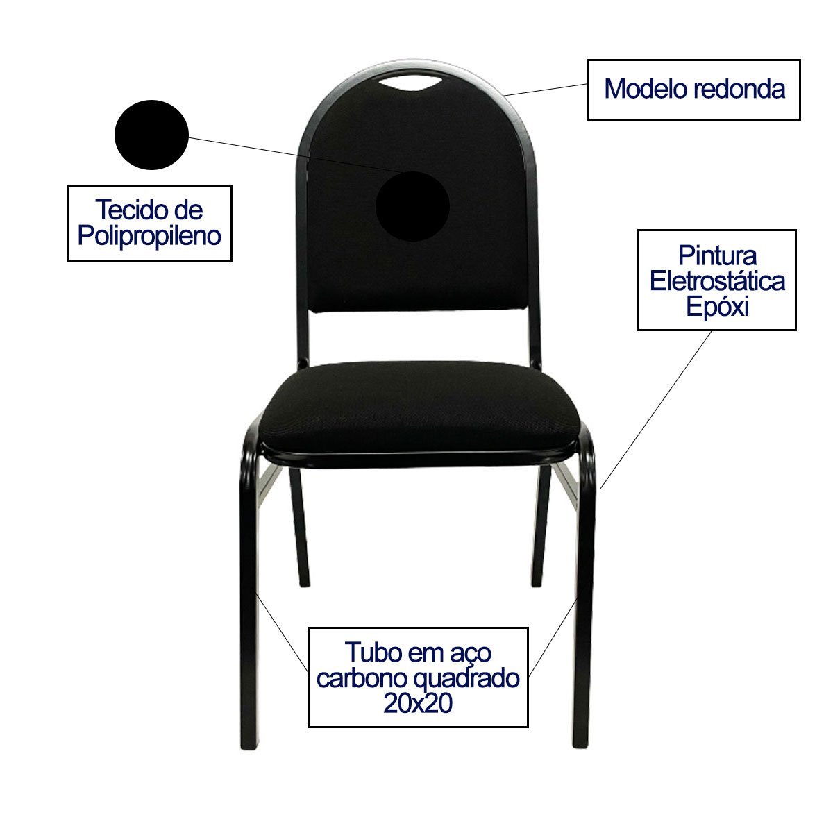 Cadeira Hoteleira Empilhavel Reforçada Redonda com Puxador para Auditório Recepção Preta Kit 4 Peças - 3