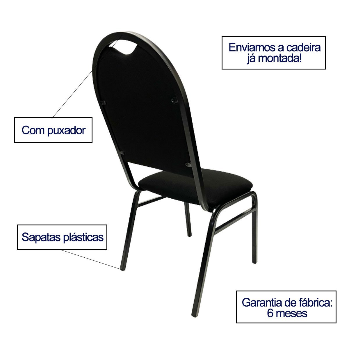 Cadeira Hoteleira Empilhavel Reforçada Redonda com Puxador para Auditório Recepção Preta Kit 4 Peças - 5