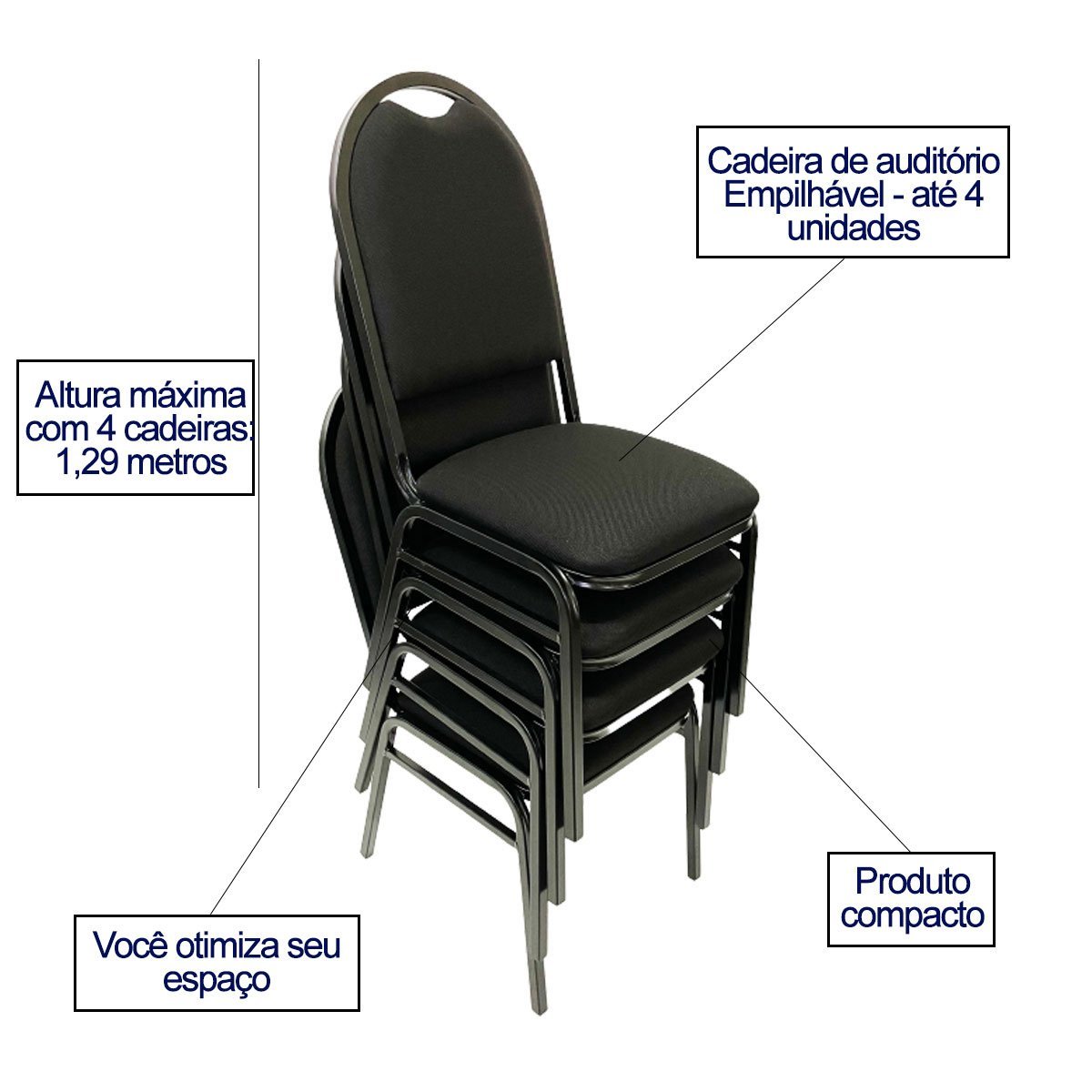 Cadeira Hoteleira Empilhavel Reforçada Redonda com Puxador para Auditório Recepção Preta Kit 4 Peças - 6