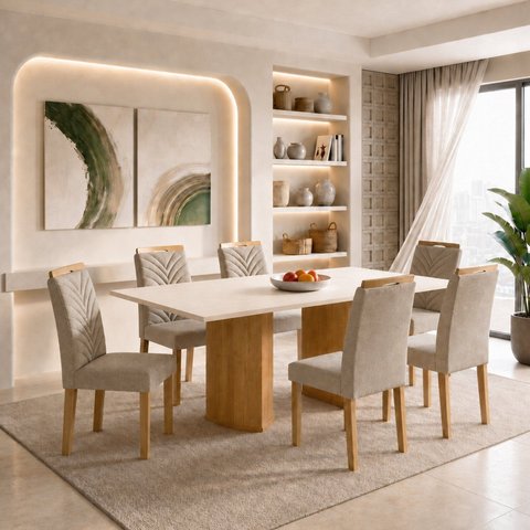 Conjunto de Mesa de Jantar 6 Lugares Isla e Carol MDF Cinamomo Off White Bege