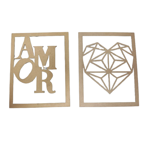 Kit 2 Quadros Decorativos Parede Mdf Cru Amor Coração Geométrico Casal Sala Quarto