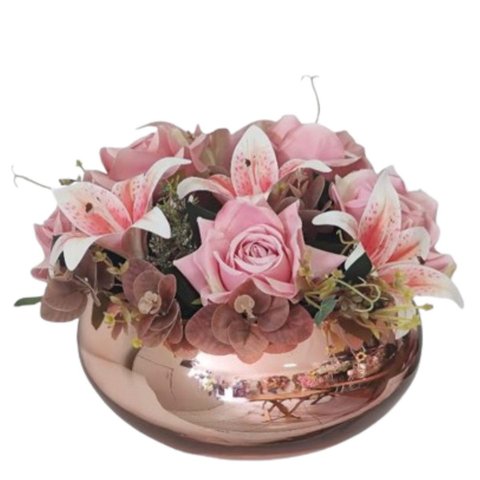 Arranjo Flores Rosas Lírios Vaso Rosé Gold Espelhado