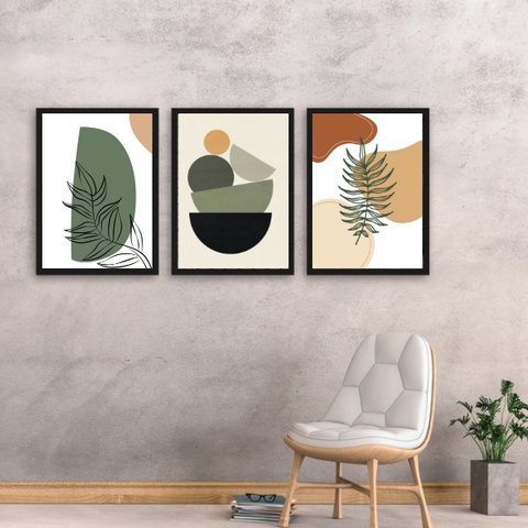 Kit 3 Quadros Modernos Boho Style 45x34cm:madeira Preta