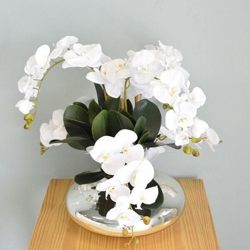 Flores artificiais Arranjo de Orquídeas Brancas Artificial no Vaso Prata  |Linha permanente | MadeiraMadeira
