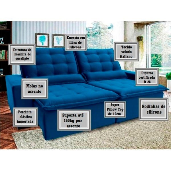 Sofá 5 Lugares Reclinável e Assento Retrátil 2,70M Veludo Massetto Azul Viva Sofás MadeiraMadeira