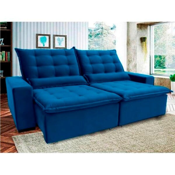 Sofá 5 Lugares Reclinável e Assento Retrátil 2,70M Veludo Massetto Azul Viva Sofás MadeiraMadeira
