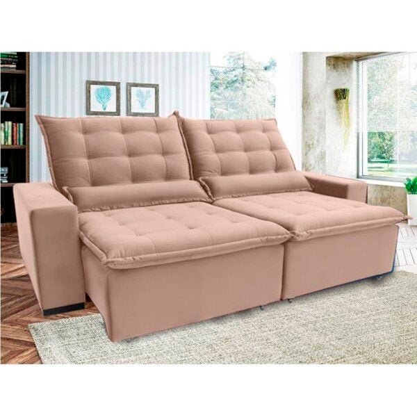 Sofá 5 Lugares Reclinável e Assento Retrátil 2,70M Veludo Massetto Bege Viva Sofás MadeiraMadeira