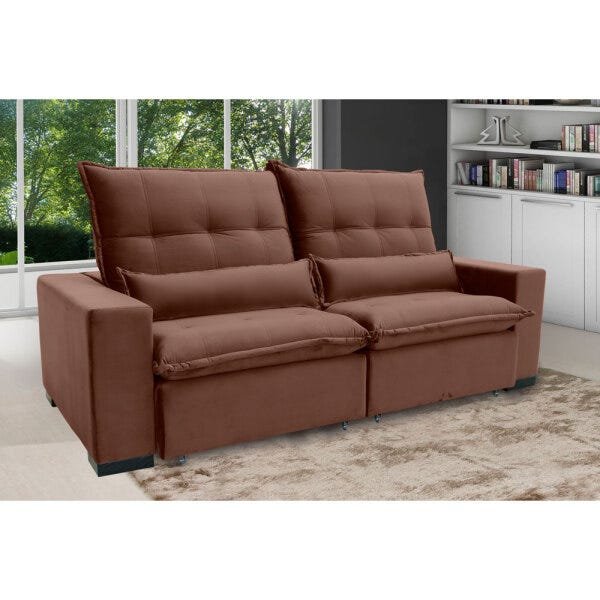 Sofá 5 Lugares Reclinável e Assento Retrátil 2,90M Veludo Ravena Marrom Viva Sofás MadeiraMadeira