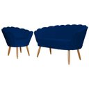 Ver imagem 1 de Kit Namoradeira + 1 Poltrona Decorativa Pétala Suede Azul Marinho Pés Madeira Ms Decor