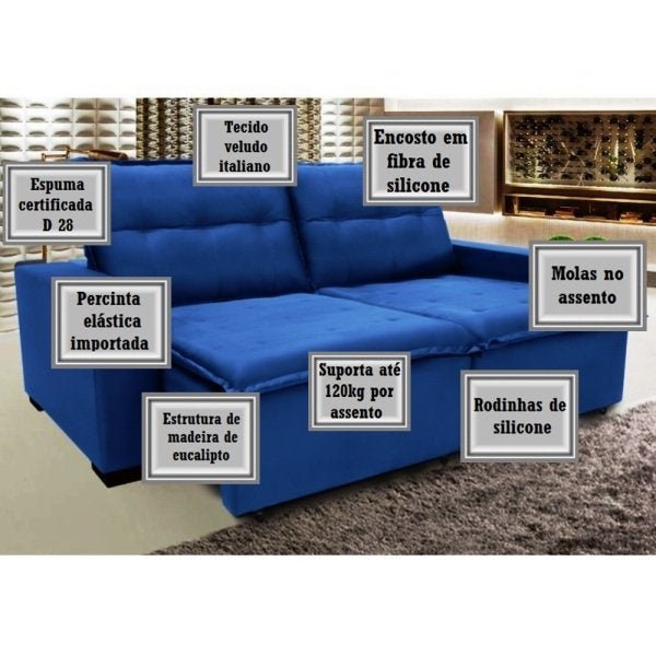 Sofá 4 Lugares Reclinável e Assento Retrátil 2,50M Veludo Ubá Azul Viva Sofás MadeiraMadeira