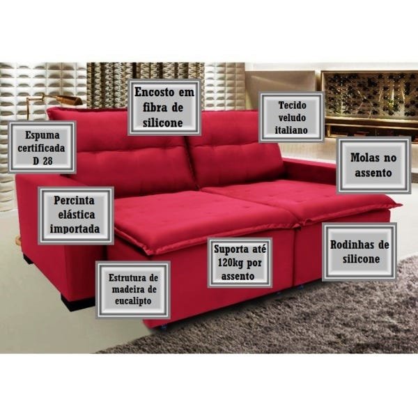 Sofá 4 Lugares Reclinável e Assento Retrátil 2,30M Veludo Ubá Vermelho Viva Sofás MadeiraMadeira