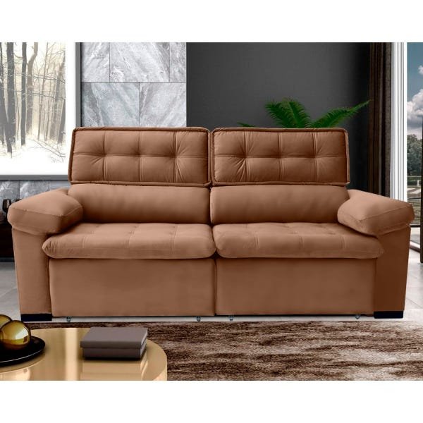 Sofá 5 Lugares Reclinável e Assento Retrátil 2,70M Veludo Solaia Marrom Viva Sofás MadeiraMadeira