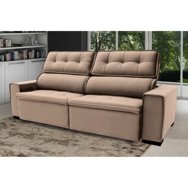 Sofá 3 Lugares Reclinável e Assento Retrátil 2,00M Veludo Ilheus Bege Viva Sofás MadeiraMadeira