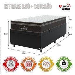 Cama Box Baú Solteiro + Colchão Paris Molas Ensacadas Pocket - 66x88x188cm - Couro - 2