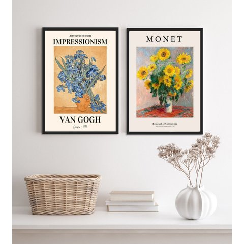 Kit 2 Quadros Artes Monet e Van Gogh- Flores 24x18cm - com Vidro:madeira Preta