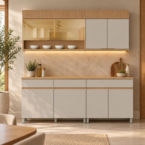 Cozinha Modulada Realeza Premium 4 Peças com 7 Portas, 3 Gavetas e Vidro Reflecta Greige - Nesher
