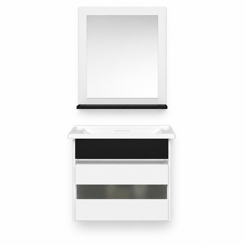 Kit Banheiro Gabinete 45cm com Cuba Mármore Sintético e Espelheira MDF:Branco/Preto