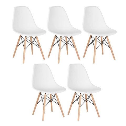 Kit 5 Cadeiras Charles Eames Eiffel Dsw - Base de Madeira Clara - Branco Multicolorido
