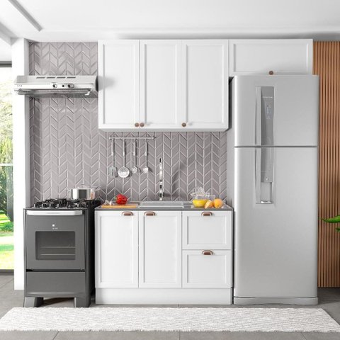 Conjunto Balcão 120cm, Aéreo Geladeira 80cm e Aéreo 120cm Unna - Branco