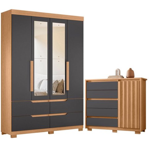 Guarda Roupa Solteiro Doble 04 Portas com Espelho e Cômoda Sapateira Duetto Freijo Titanium - Móveis