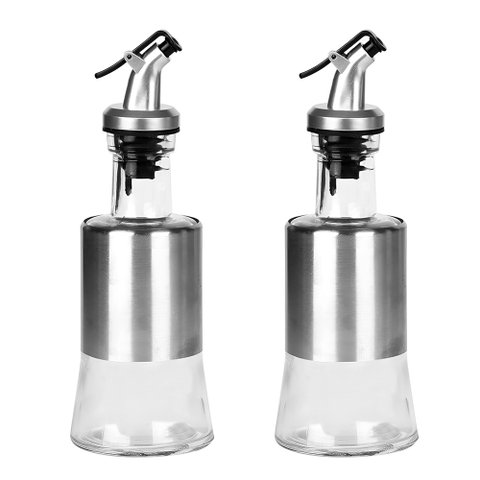 Kit 2 Galheteiro Porta Azeite e Vinagre 200ml Aço Inoxidável Vidro com Tampa Hermética:prata