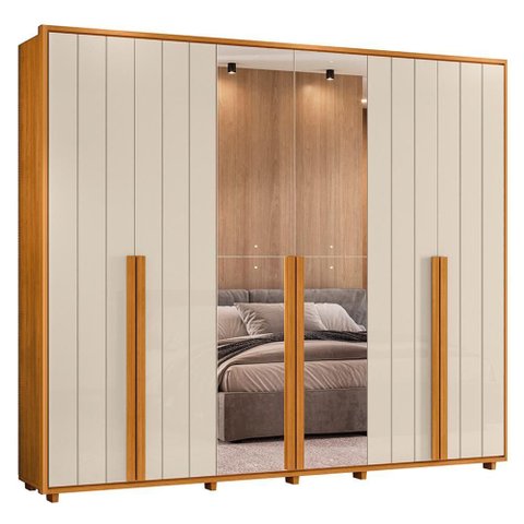 Guarda Roupa Casal Volpi Ripado 6 Portas Cinamomo/off White com 4 Espelhos - Madetec