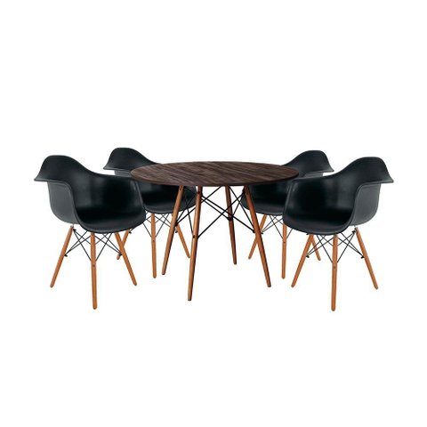 Conjunto de Jantar Mesa Redonda em Madeira 90cm Amêndoa com 4 Poltronas Pretas Marrom