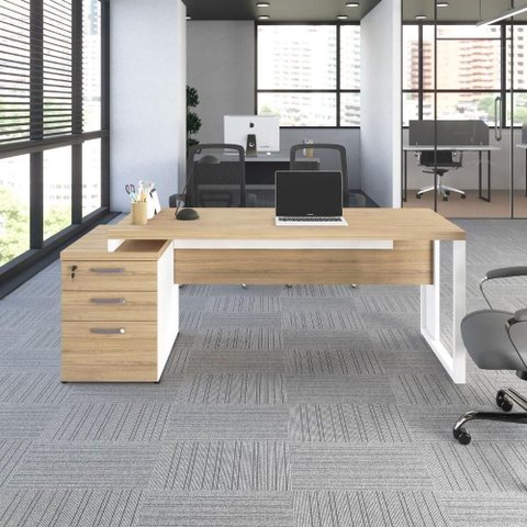 Mesa Diretor para Escritório F5 Office g Moderno 3 Gavetas 150cm Macadâmia com Branco F5 Office