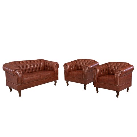 Conjunto 03 Peças Namoradeira e Poltronas Chesterfield Duque Via Encanto Courano Marrom