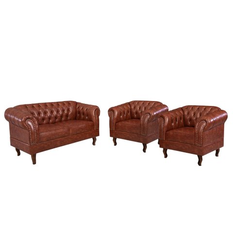 Conjunto 03 Peças Namoradeira e Poltronas Chesterfield Duque Via Encanto Courano Marrom