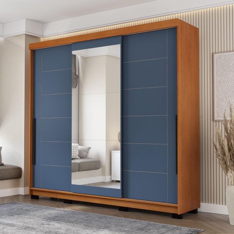 Roupeiro Lisboa 3 Portas de Correr com Espelho 217x213cm Freijó/Azul 240856
