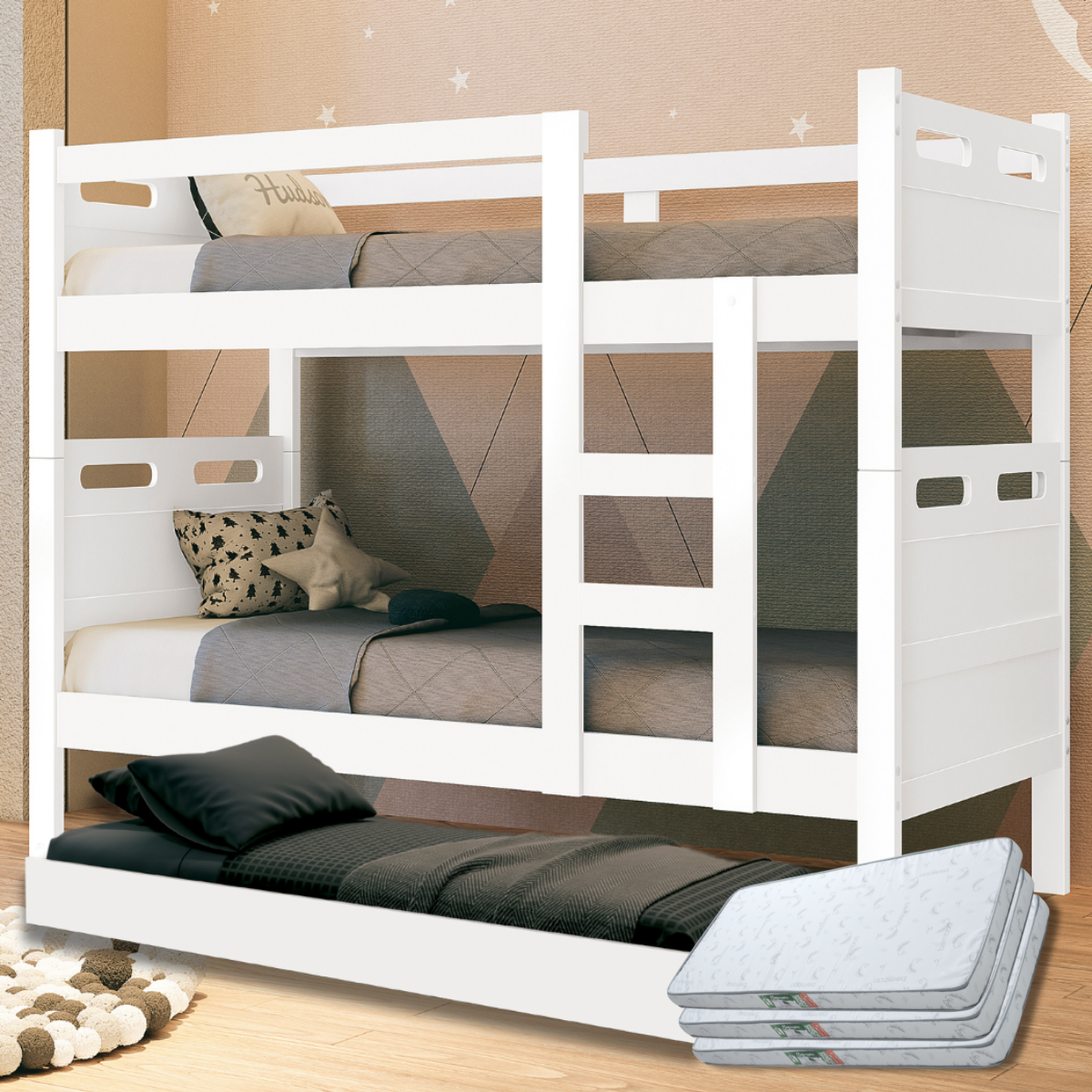 Beliche com Cama Auxiliar 03 Colchões D20 Treliche Completa Cor:branco