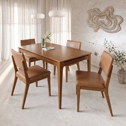 Conjunto Mesa de Jantar Addar 4 Cadeiras Madeira Maciça Estofadas Ella Canella/Linho Caramelo