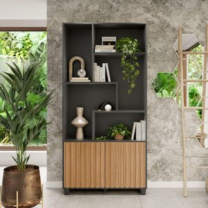 Estante Ripada Em Mdf Preto/Freijó 94 X 30 X 192cm C59 Pfj