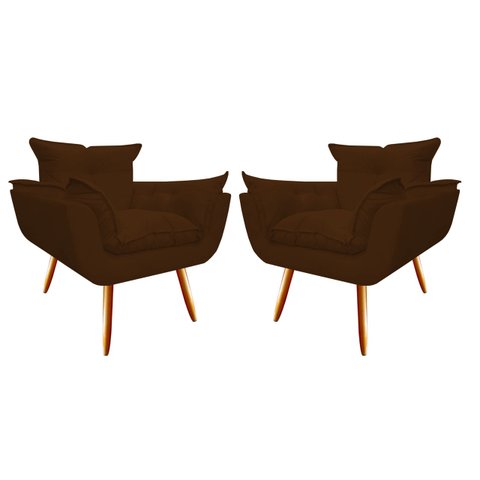 Kit 2 Poltronas Decorativa Opala Suede Marrom Pés Madeira Mz Decor