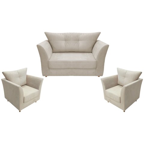 Kit Namoradeira + 2 Poltronas Decorativa Isis Couro Bege Pés Madeira Mz Decor