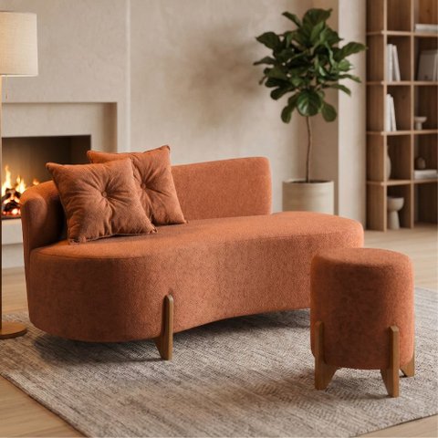 Conjunto Sofá Curvo Orgânico + 01 Puff Luna Boucle Terracota - Montanaris Decor