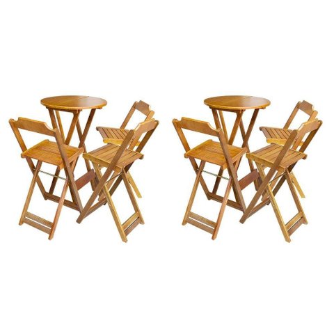 Kit 2 Conjuntos De Mesa Bistrô Dobravel Em Madeira Maciça Com 3 Banquetas Altas - Mel - Marrom