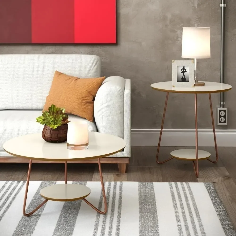 Conjunto Mesa Decoração Para Sala Centro E Lateral Liz OffWhite com Freijó